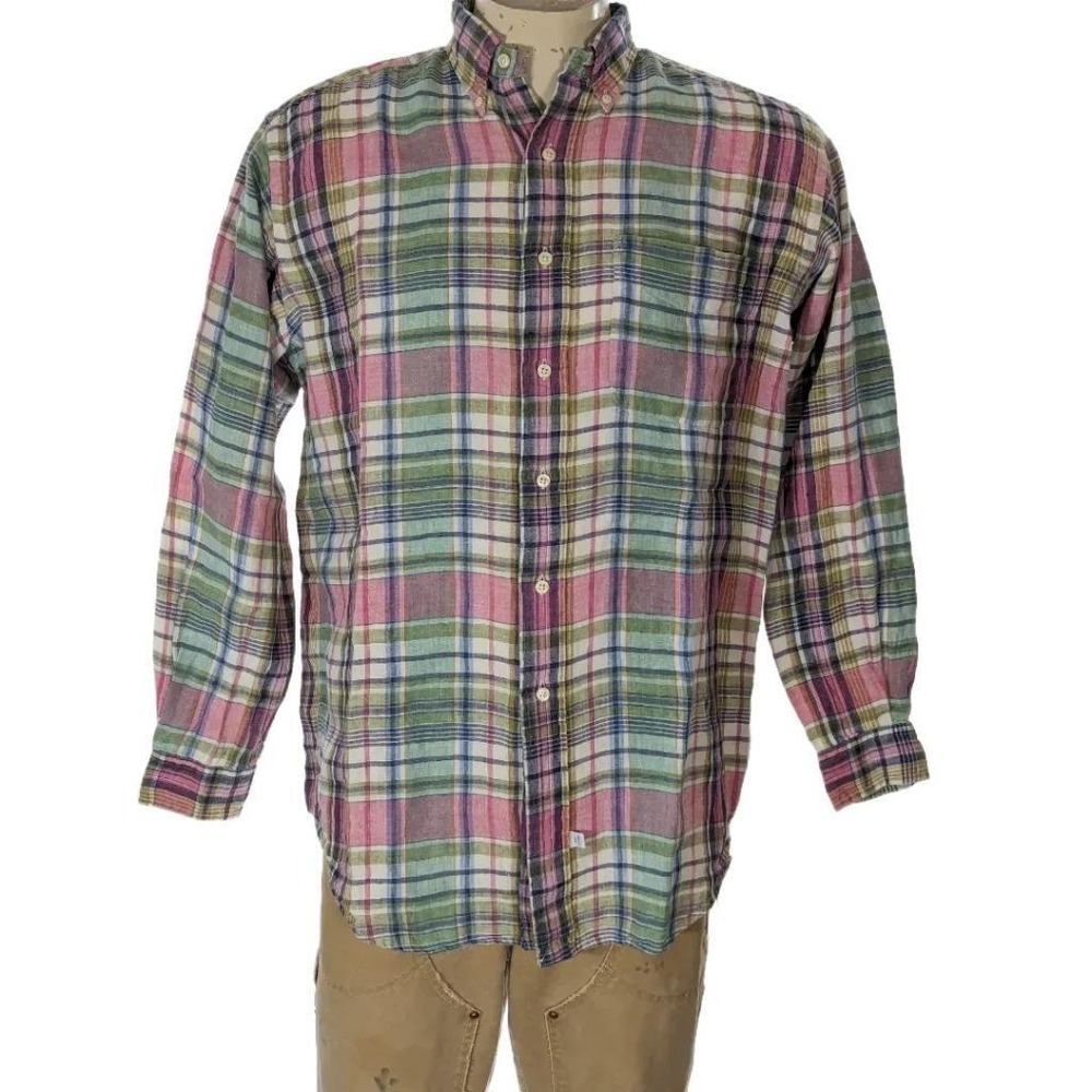 VTG Polo Ralph Lauren Men's 100% Linen Plaid Button Down Shirt Sz S EUC
